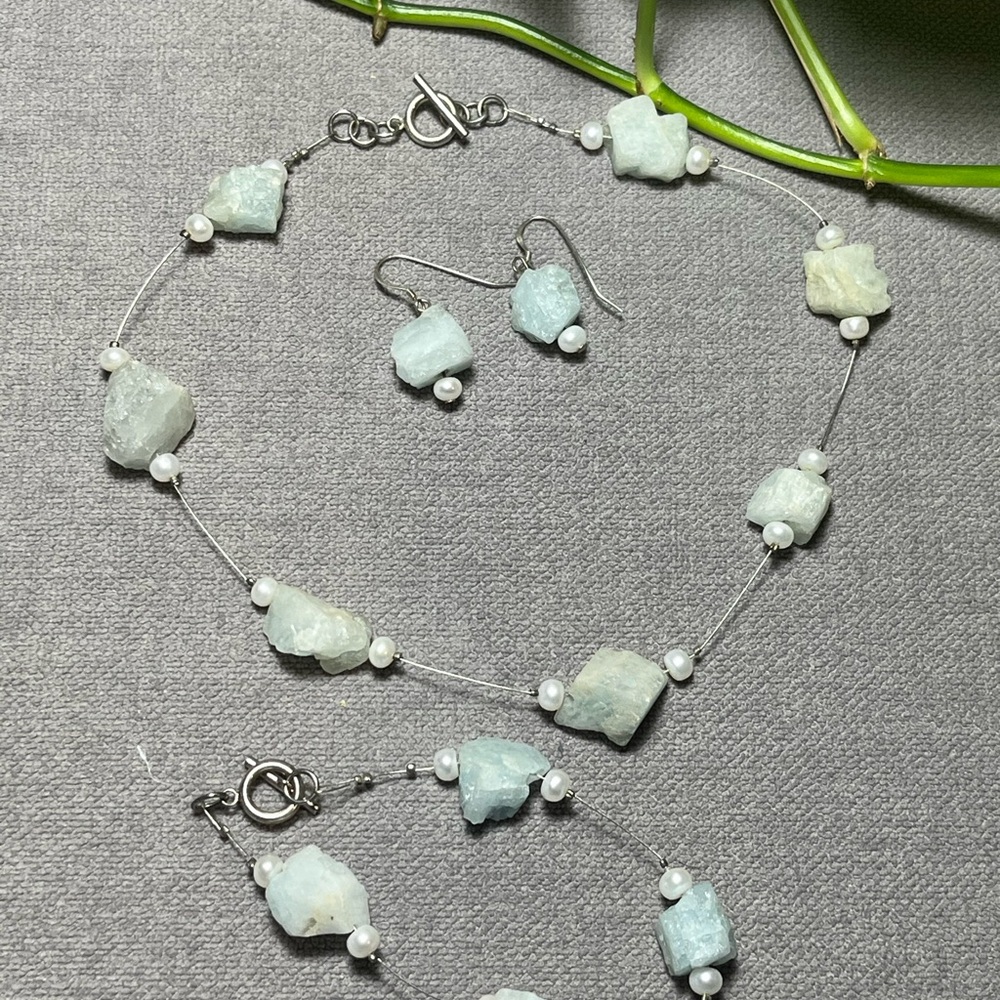 Unique Handmade Raw Aquamarine and Pearl Jewelry Set